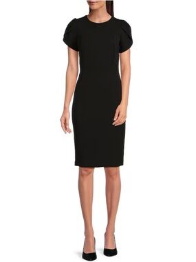 Calvin Klein Crew Neck Short Tulip Sleeve Solid Sheath Stretch Dress